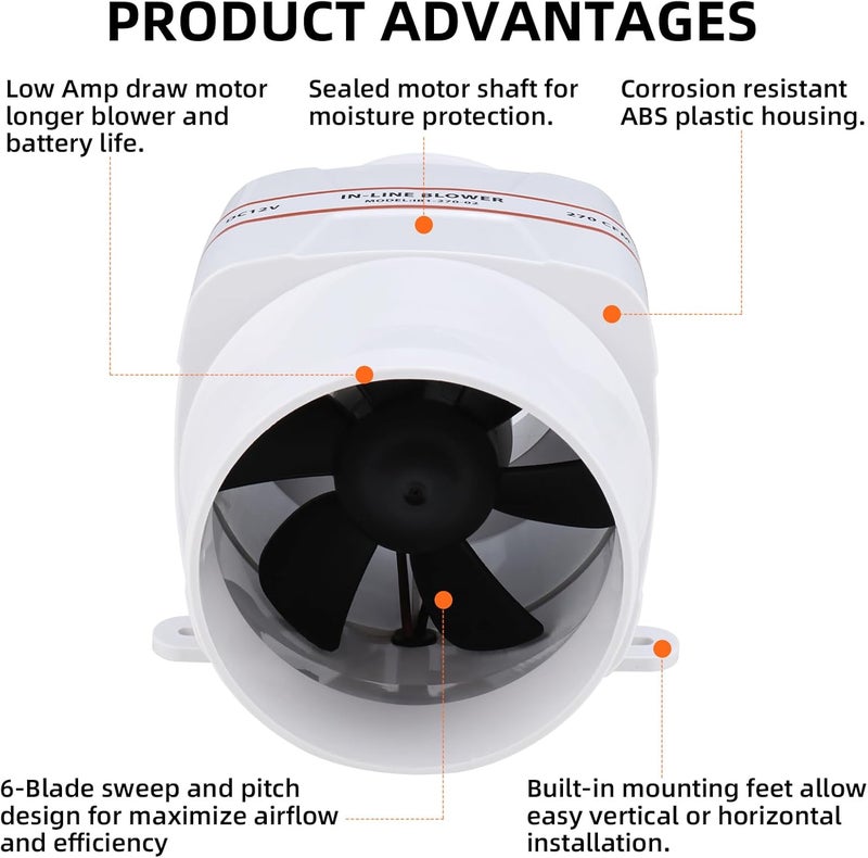 NovelBee Marine 12V Electric 4" in-Line Bilge Air Blower,270CFM Boat in-Line Blower with Six Blade Fan - Image 3